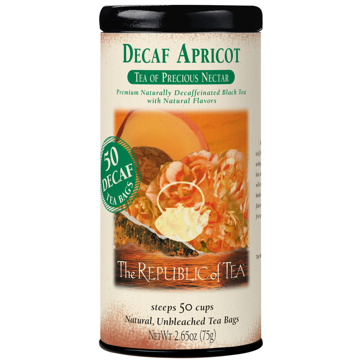 The Republic of Tea decaf apricot black tea tin displaying premium packaging