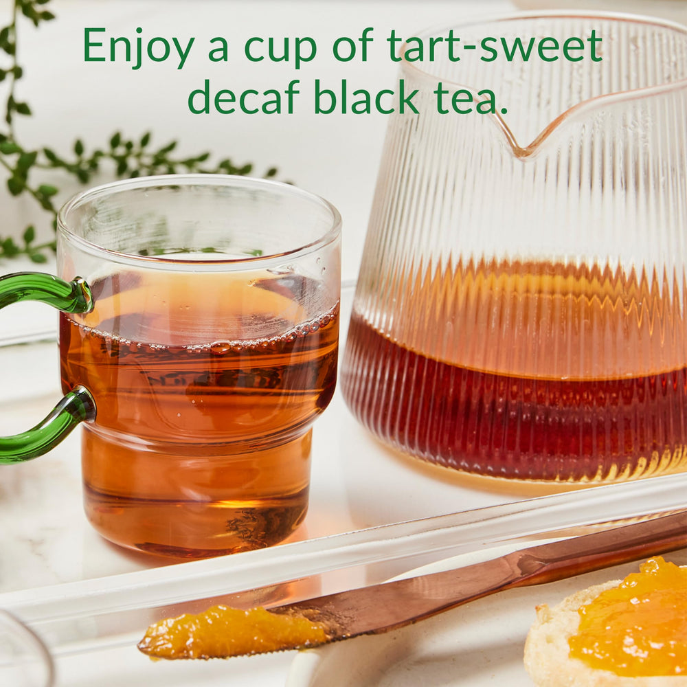 Apricot bits and natural flavor visible in the decaf blend