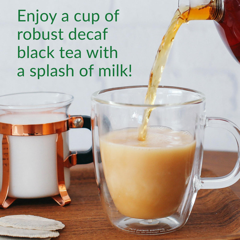 The Republic of Tea decaf British Breakfast label highlights natural decaffeination