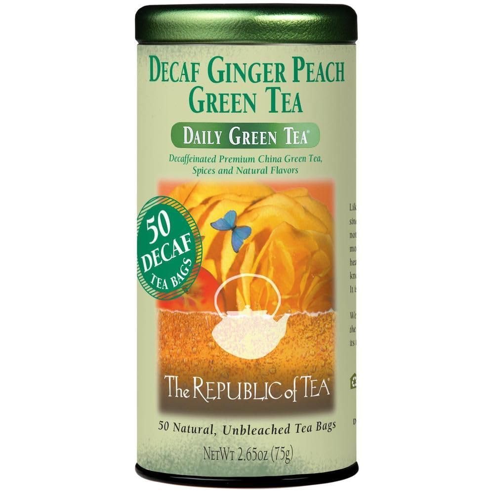 The Republic of Tea decaf ginger peach green tea tin for a calming afternoon ritual.