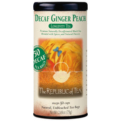 The Republic of Tea decaf ginger peach tea bag closeup, fragrant aroma.