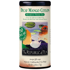 The Republic of Tea decaf mango Ceylon tea tin with caffeine-free flavor
