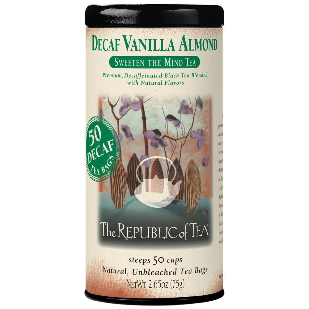 The Republic of Tea decaf vanilla almond tea tin with 50 bags for caffeine-free daily rituals.