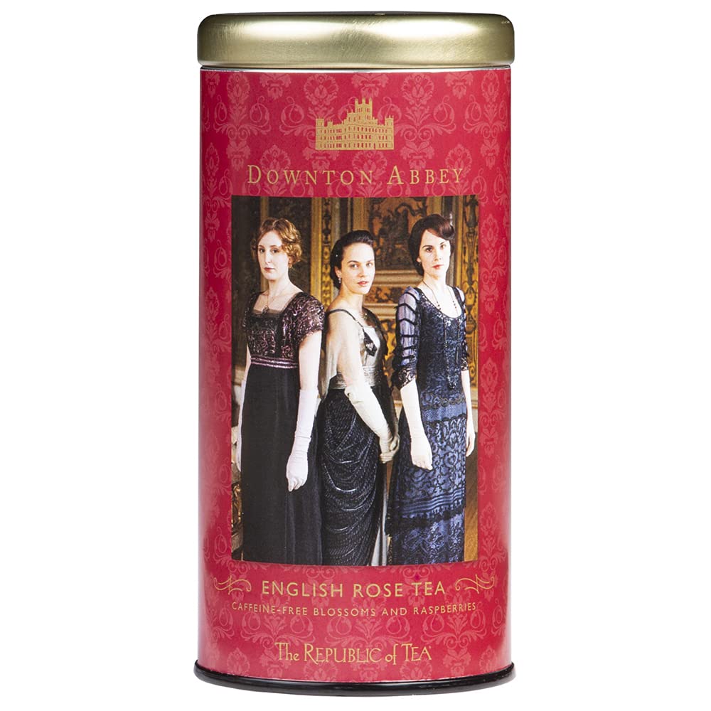 The Republic of Tea Downton Abbey English Rose tea bags in a box, fragrant and caffeine-free.