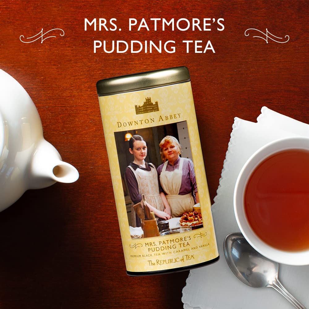 The Republic of Tea Downton Abbey Mrs. Patmore's Pudding Tea brews into steaming cup with caramel vanilla notes.