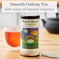 Dragon Oolong tea leaves close-up in tin, showcasing premium quality leaves.