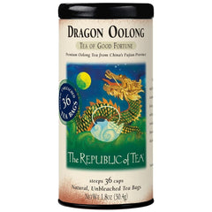 The Republic of Tea Dragon Oolong Tea Tin on shelf, naturally caffeinated and aromatic.