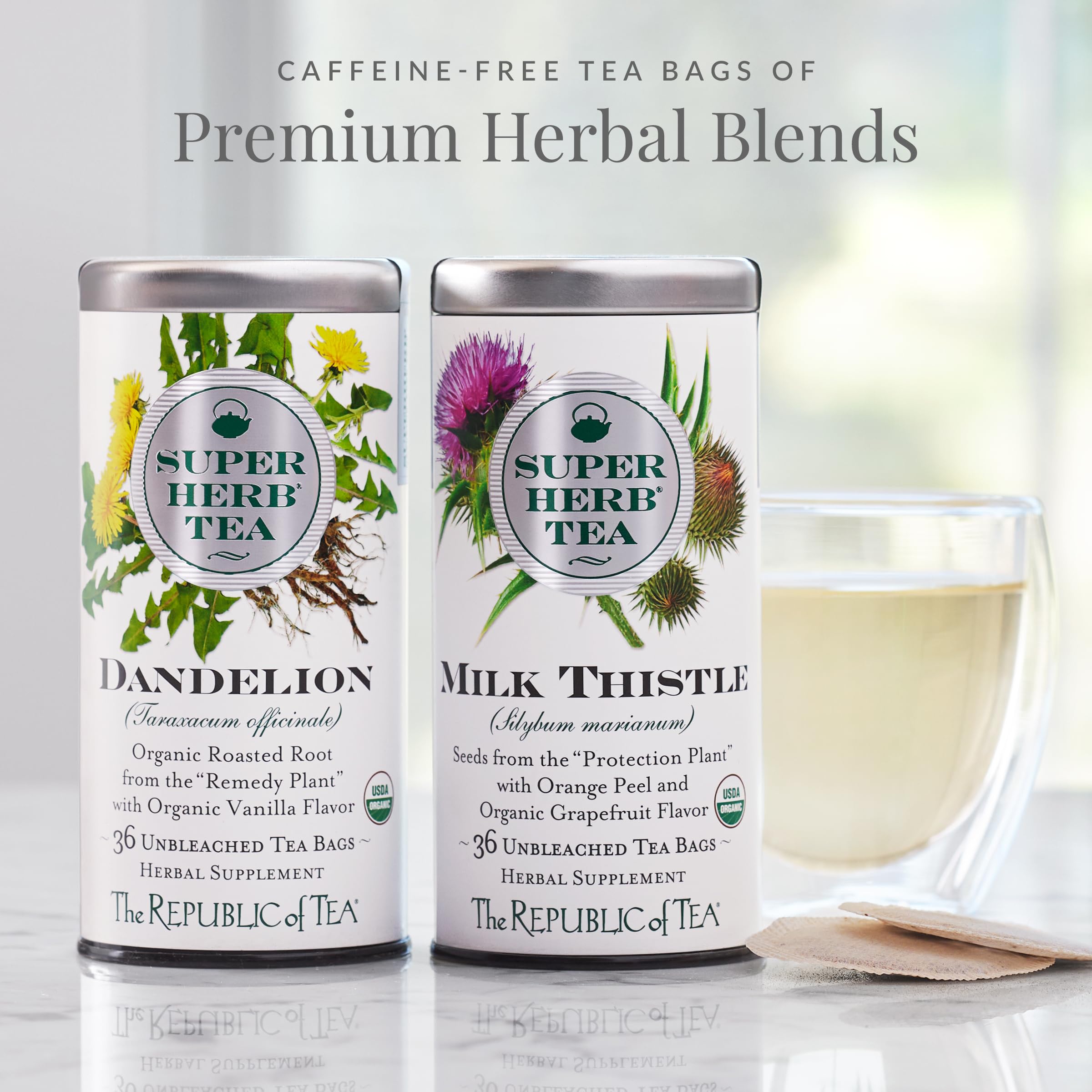 The Republic of Tea dried nettle leaves closeup suggests vibrant color and premium quality.