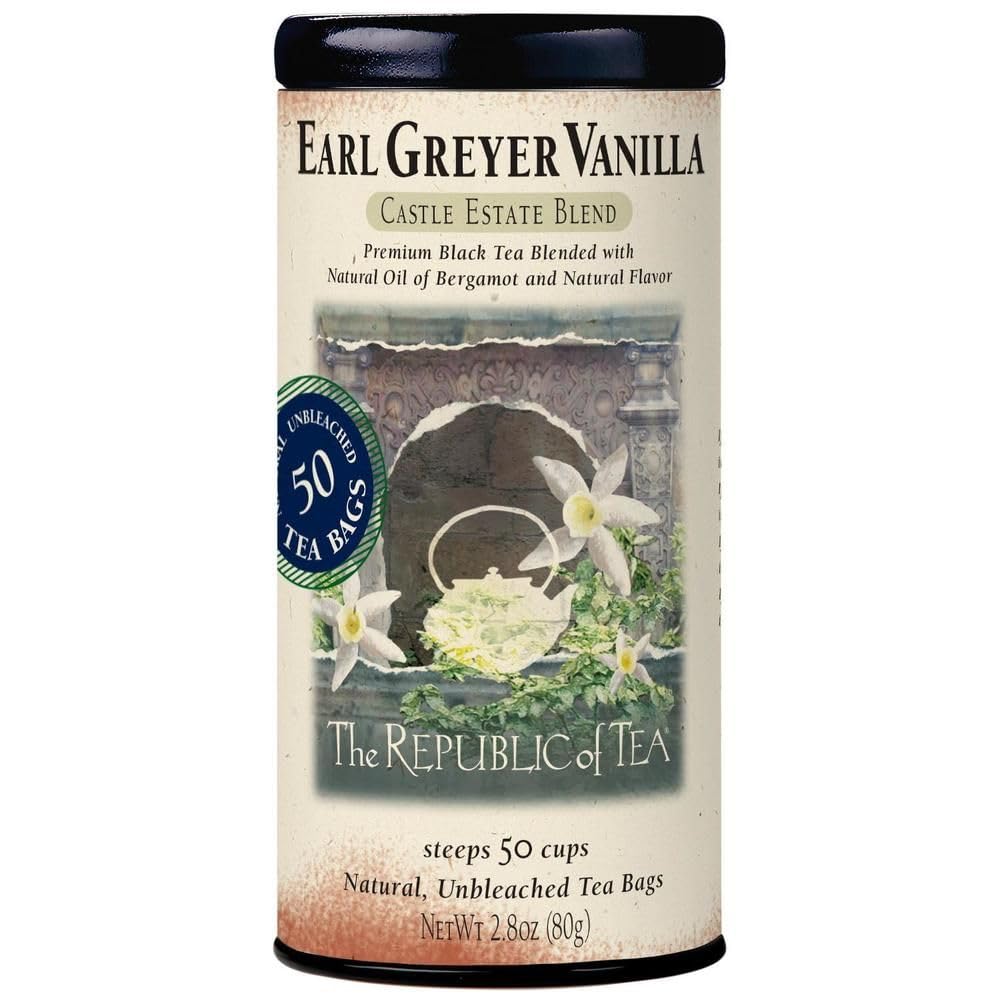 The Republic of Tea Earl Greyer Vanilla tea tin with bergamot and vanilla aroma for daily ritual.