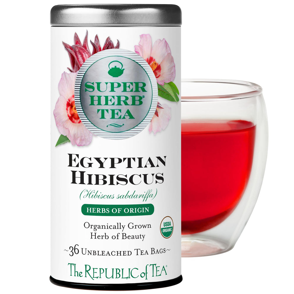 The Republic of Tea Egyptian Hibiscus SuperHerb Tea Tin highlights biodynamic origins and flavor.
