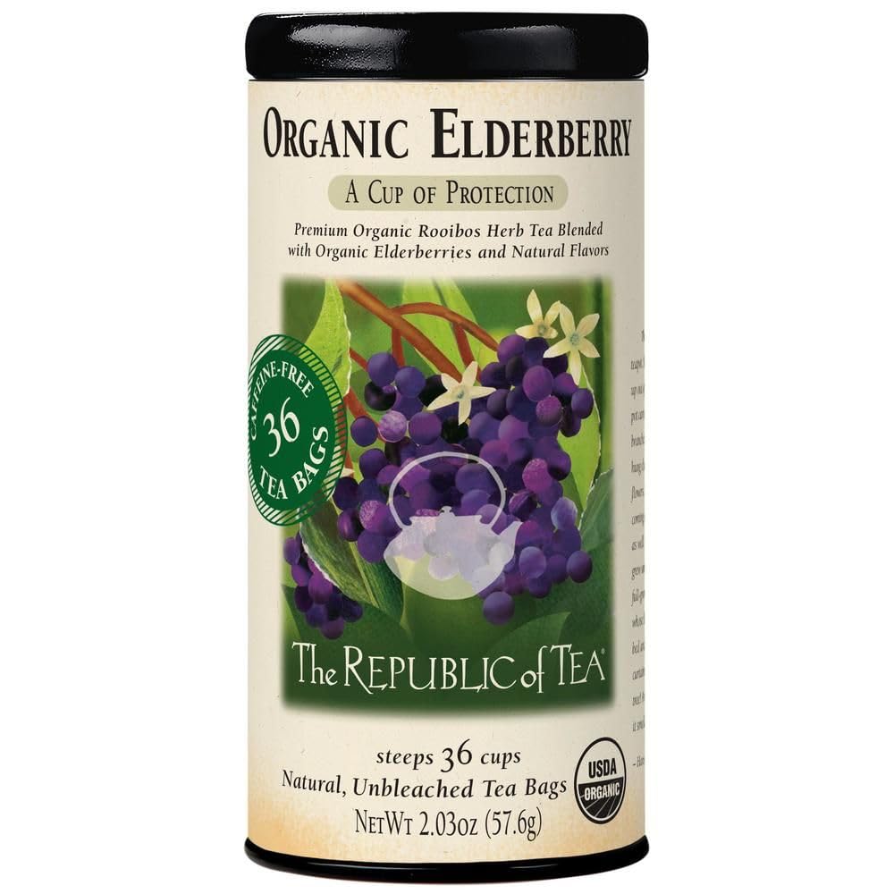 The Republic of Tea elderberry tea tin packaging highlights a caffeine-free organic herbal blend.
