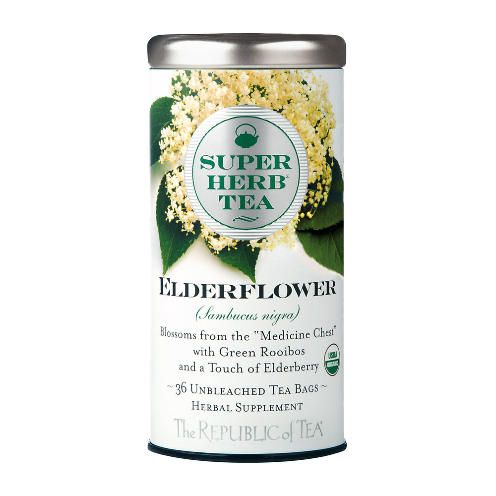 The Republic of Tea elderflower superherb tea tin with 36 bags for convenient brewing