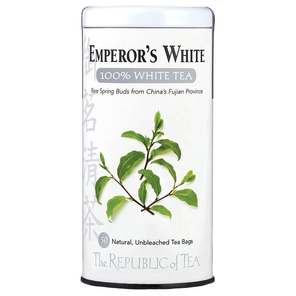 The Republic of Tea Emperor's White Tea tin front view showing premium tea and low caffeine.