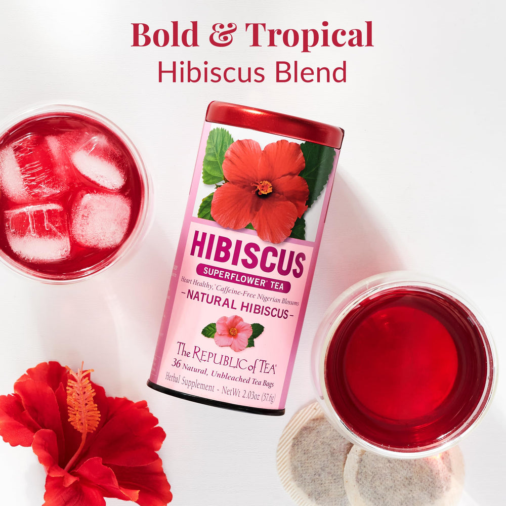 The Republic of Tea fruity hibiscus brew with rich, tropical notes.