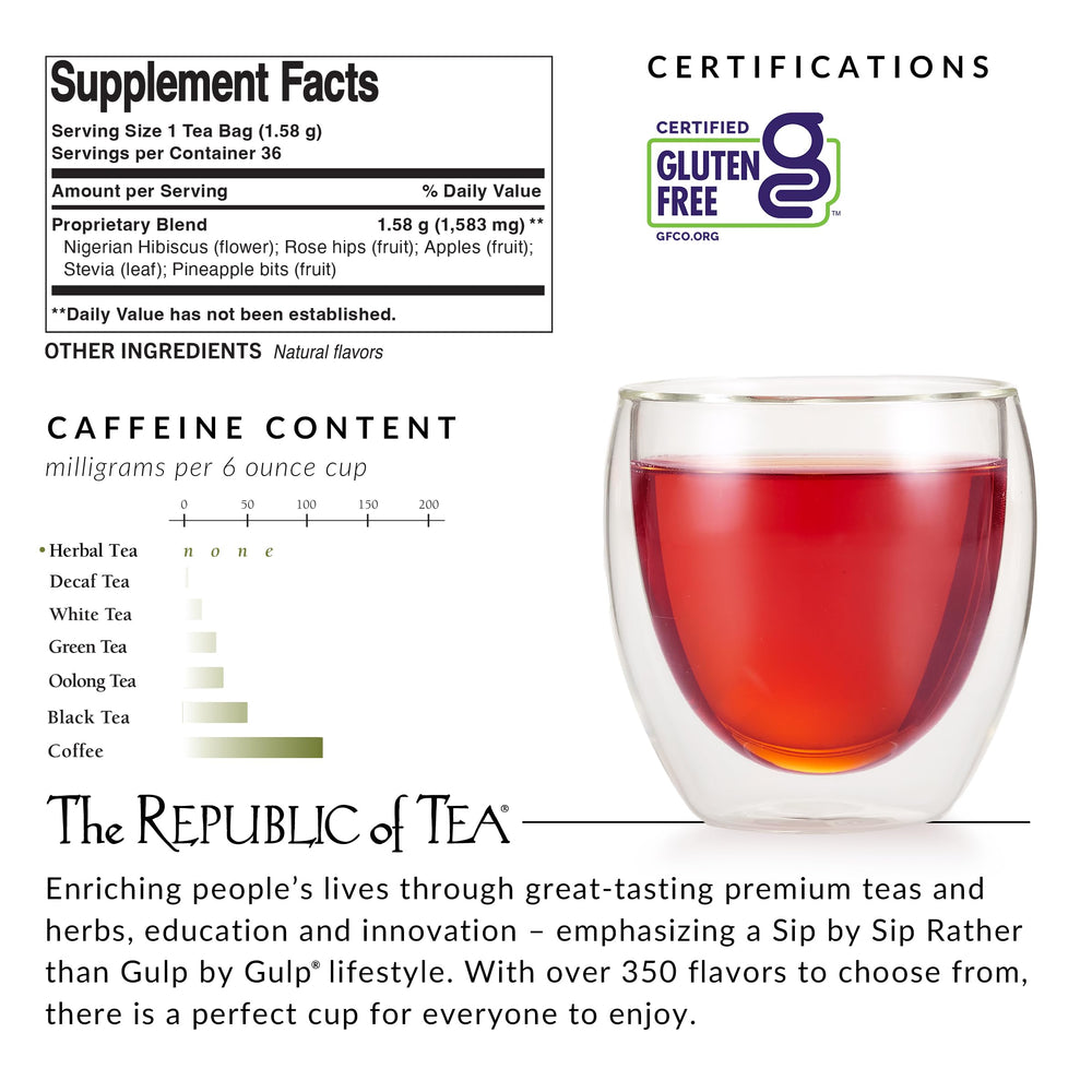 A blend of pineapple, lychee, hibiscus, rosehips and apples for a fruit-forward cup.