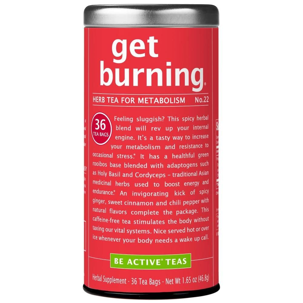 The Republic of Tea Get Burning tea bag in cup highlighting a warming spice aroma.