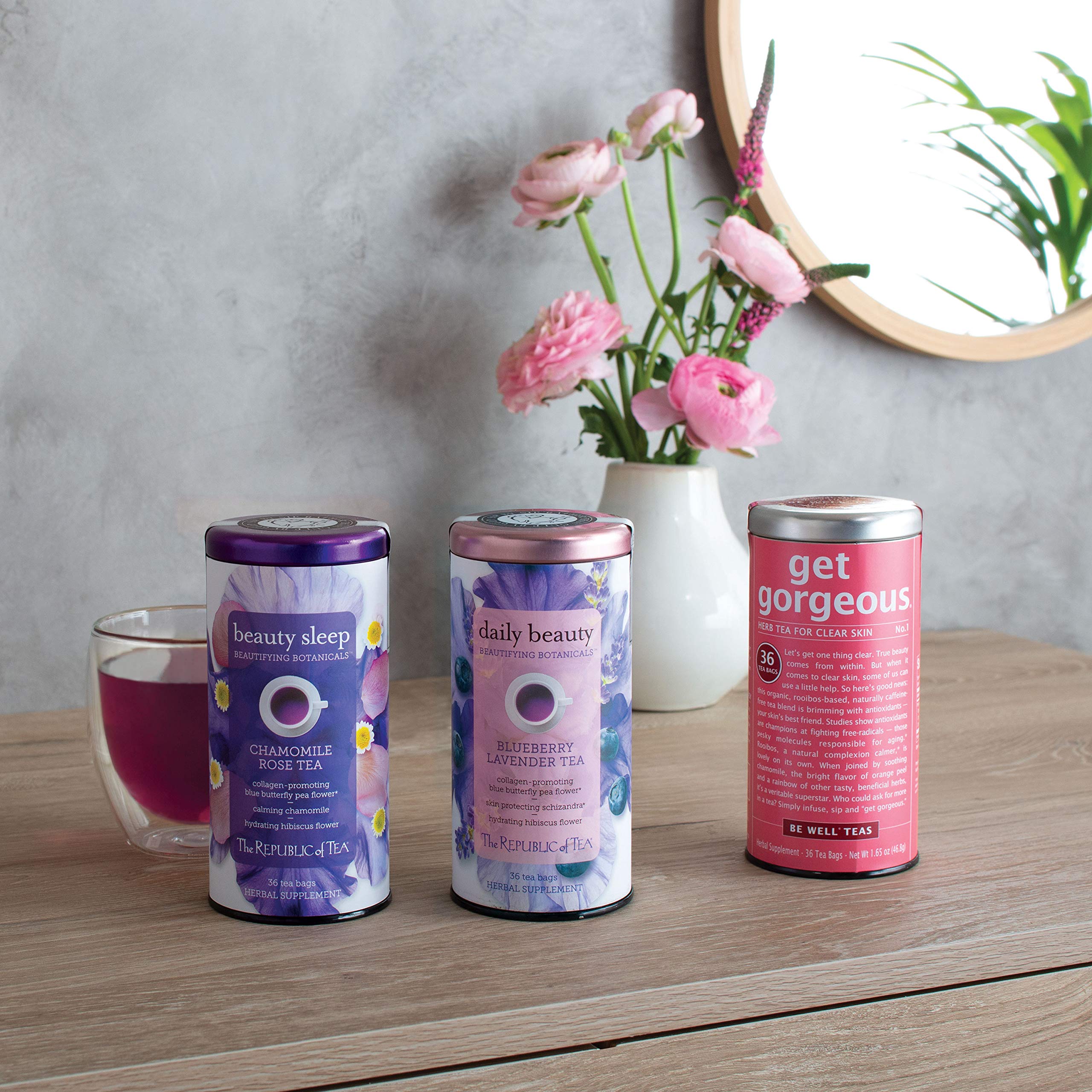 Get Gorgeous tea packaging on a shelf highlights brand design and convenience.