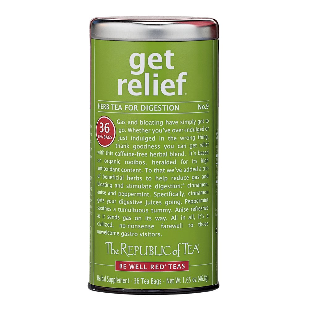 The Republic of Tea Get Relief Tea packaging, caffeine-free 36-count box