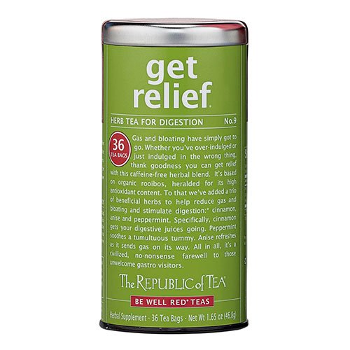 The Republic of Tea Get Relief Tea cup serving suggests a soothing, caffeine-free moment