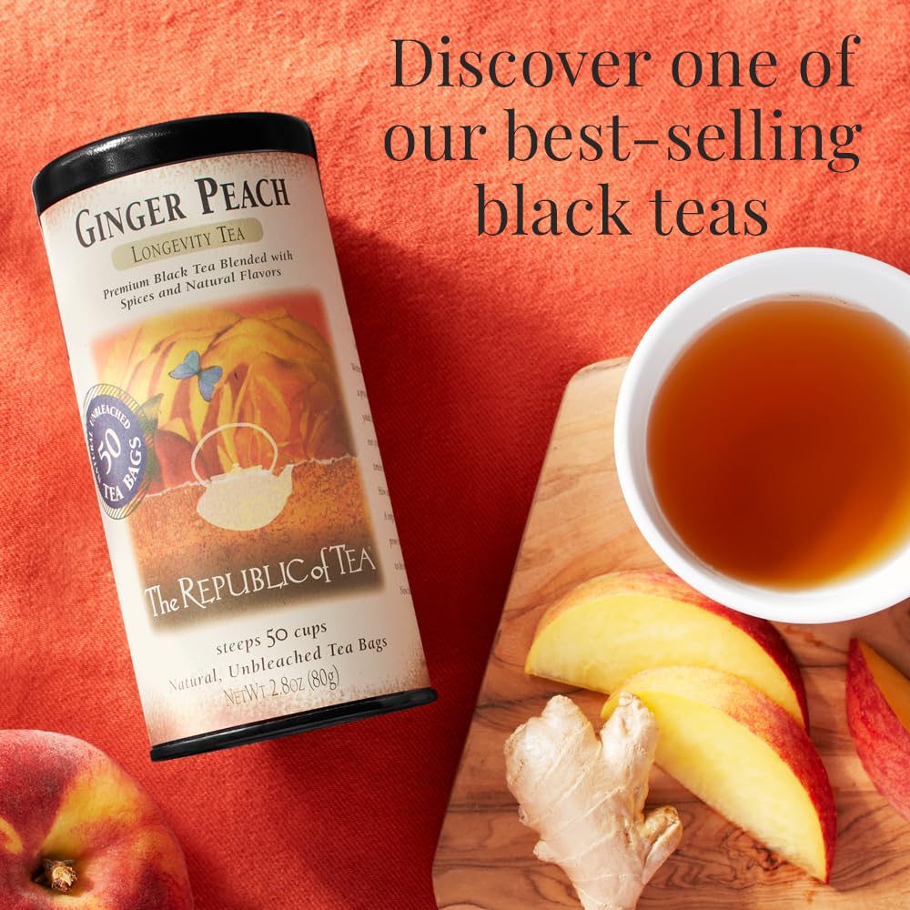 The Republic of Tea Ginger Peach Black Tea bag on a kitchen counter for daily ritual