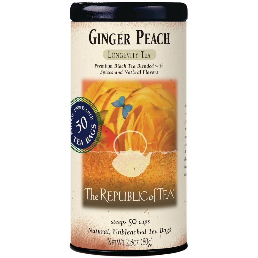 The Republic of Tea Ginger Peach Black Tea in a cup, perfect hot or iced