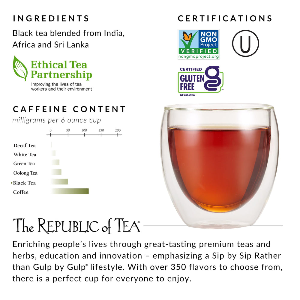 The Republic of Tea gluten-free, non-GMO label on British Breakfast Tea.