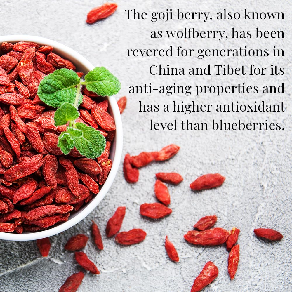 Green tea leaves and goji berries in the blend for nuanced flavor