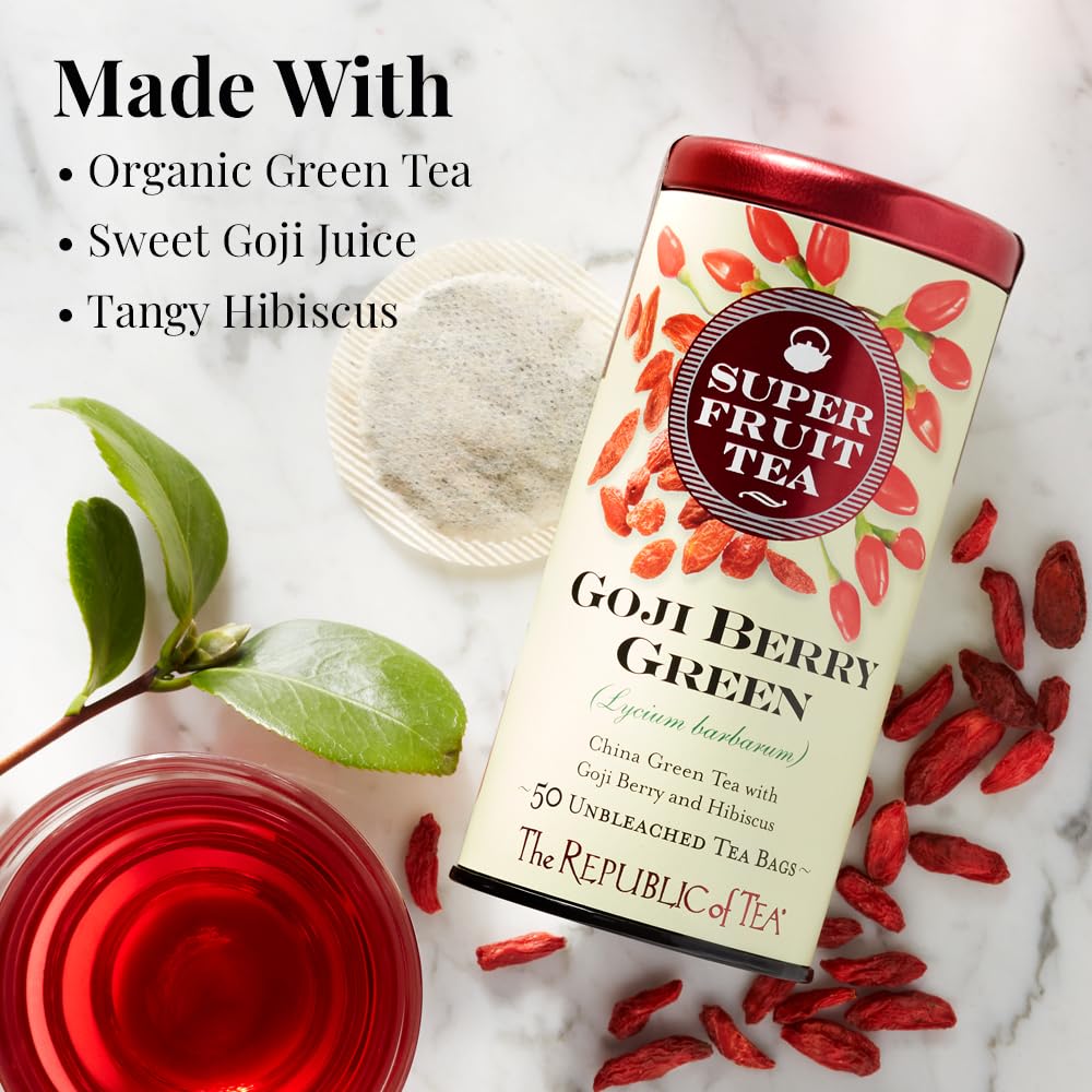 Goji Berry Green Superfruit Tea bags in tin, ready for brewing