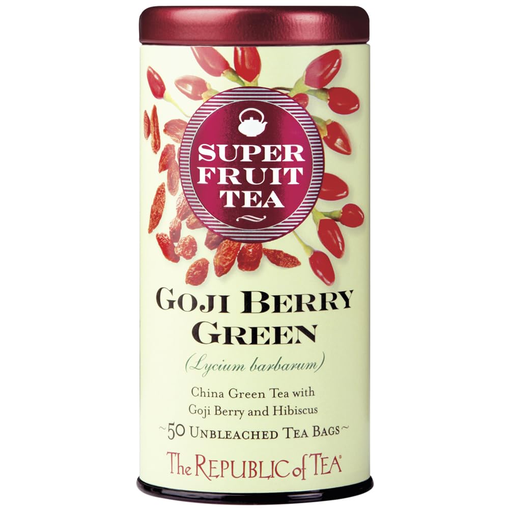 The Republic of Tea Goji Berry Green Superfruit Tea tin close-up with vibrant berries