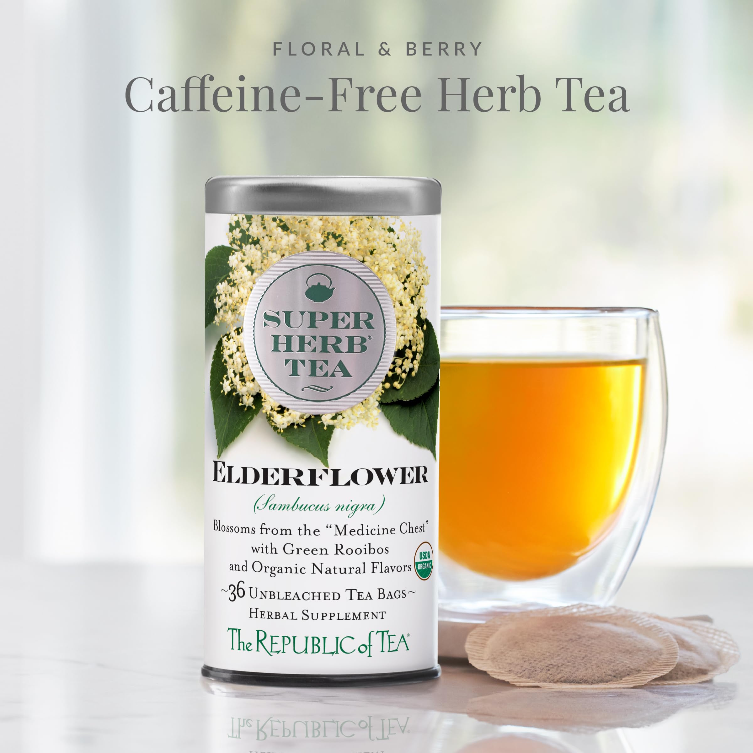 The Republic of Tea green rooibos blend tea bag provides caffeine-free refreshment