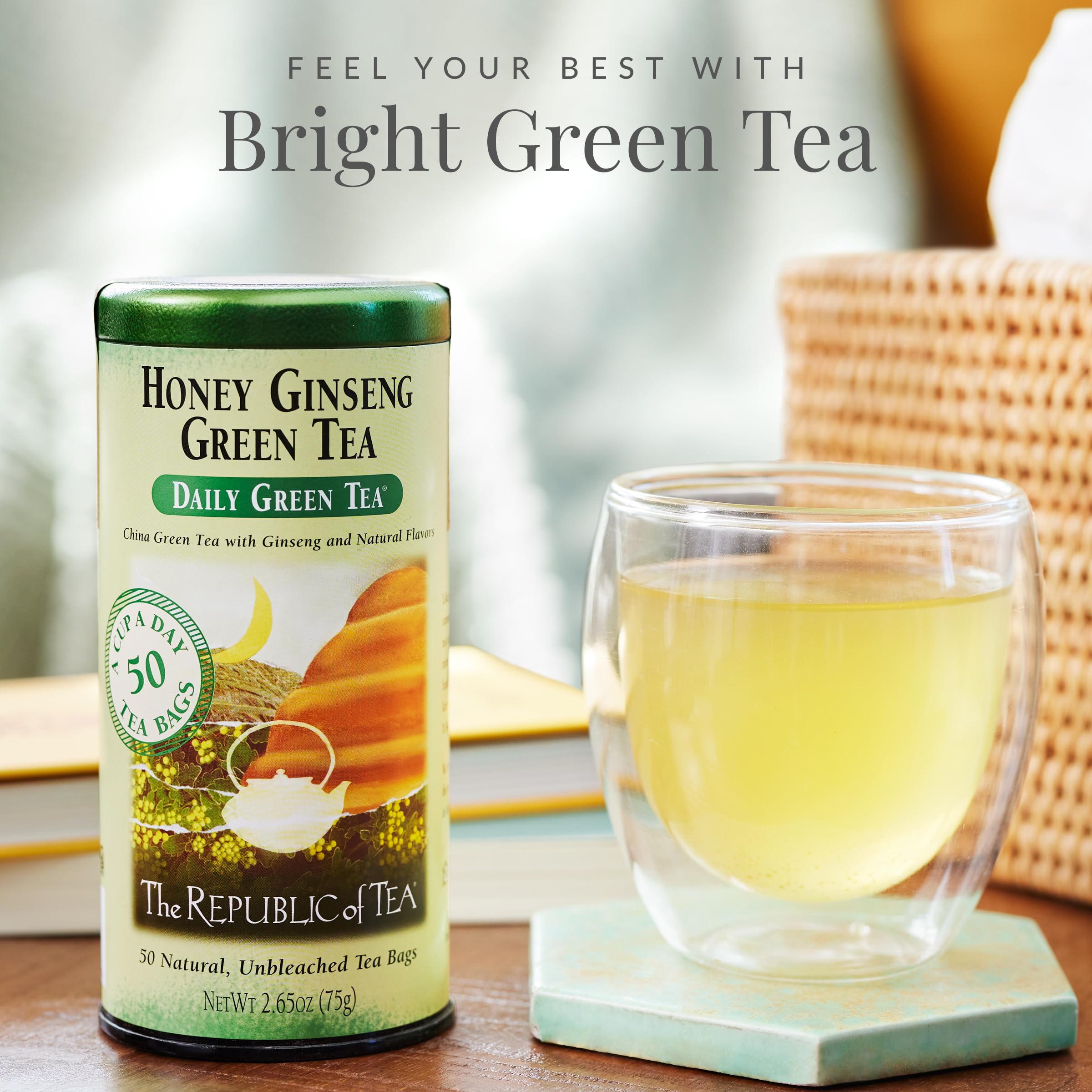 The Republic of Tea green tea bags closeup showcases premium flavor.