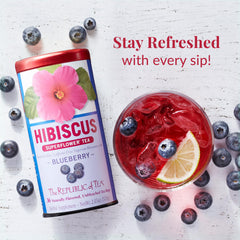 Dried hibiscus, blueberries, and botanicals from The Republic of Tea blend