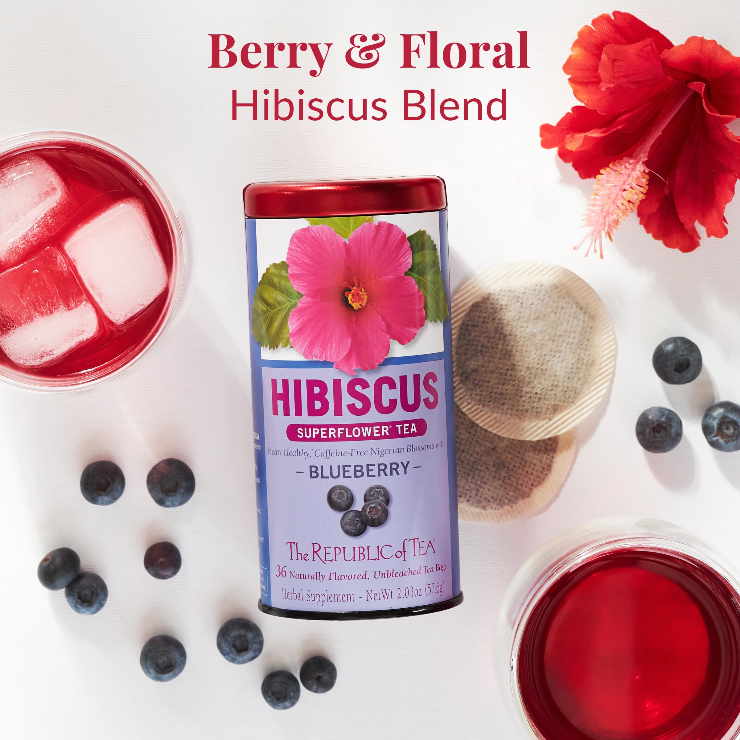 Hibiscus Blueberry tea bags close-up from The Republic of Tea for easy brewing