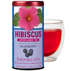 The Republic of Tea Hibiscus Blueberry Superflower tin front view with vibrant berry aroma for relaxing moments