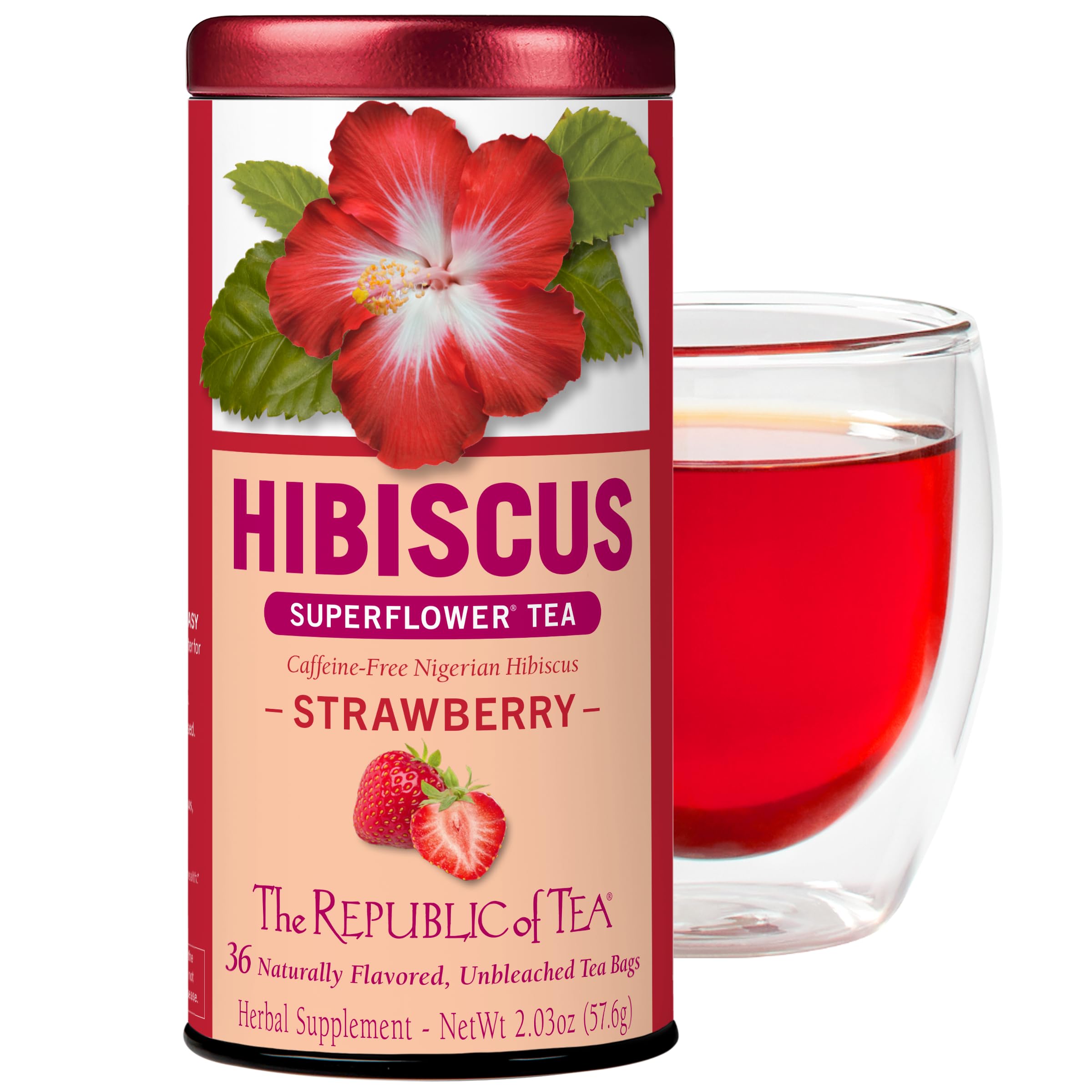 The Republic of Tea hibiscus strawberry tea bags on packaging, caffeine-free and ready to brew.