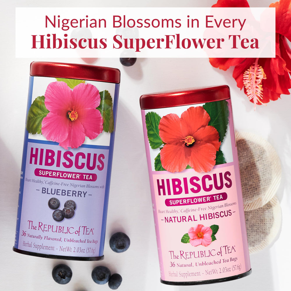 The Republic of Tea glass cup showcasing deep crimson infusion, caffeine-free.