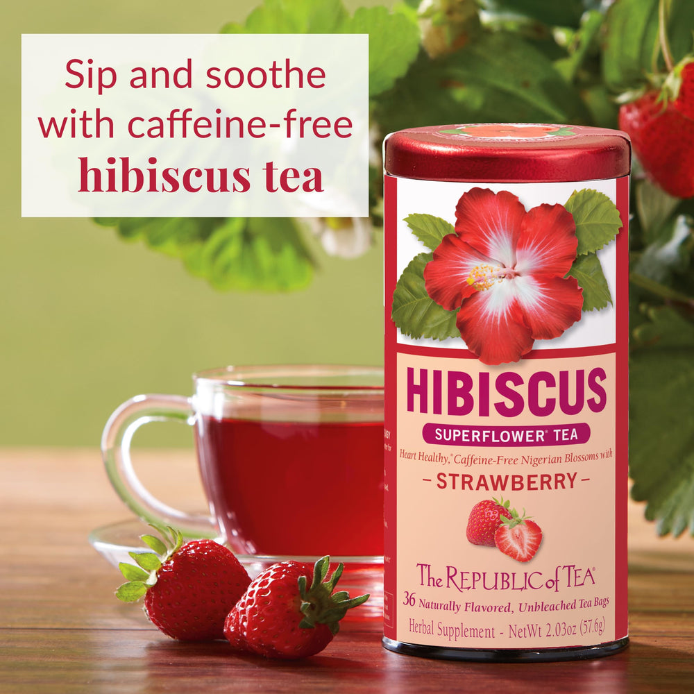 The Republic of Tea dried mix showing hibiscus, apples, rosehips and vanilla flavors.