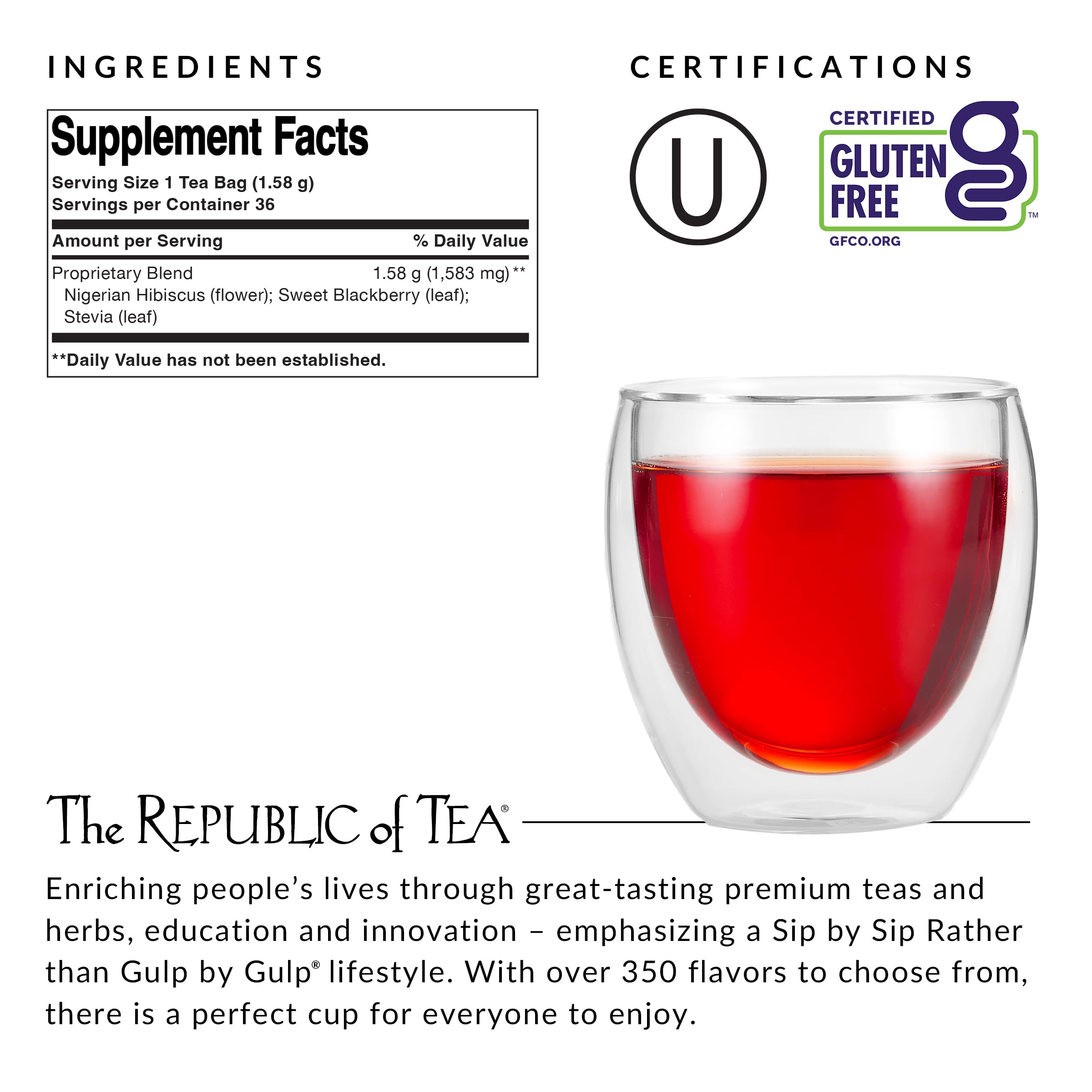 The Republic of Tea hibiscus tea cup showing a vibrant, fruity aroma for evenings.