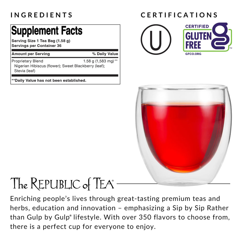 The Republic of Tea hibiscus tea cup showing a vibrant, fruity aroma for evenings.