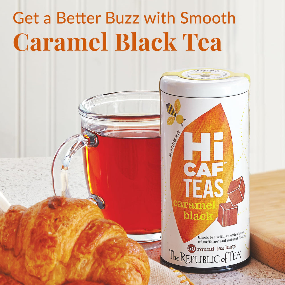 The Republic of Tea HiCAF caffeine label highlights a bold energy boost.