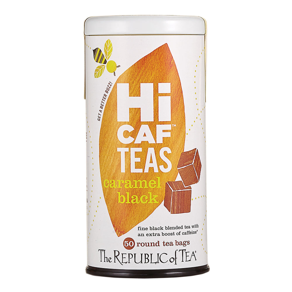 The Republic of Tea HiCAF caramel black tea bag delivers smooth caffeine for focus.