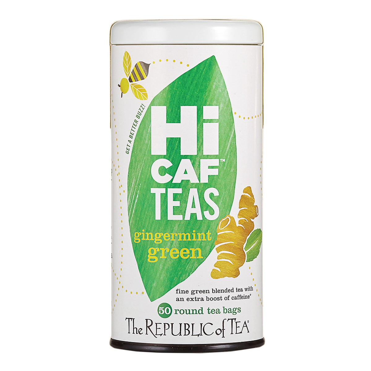 HiCAF Gingermint Green Tea bags by The Republic of Tea ready for a zesty caffeine boost