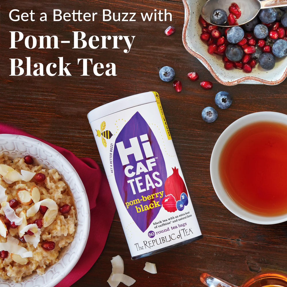 HiCAF Pom-Berry package front highlighting flavor and caffeine for focus.