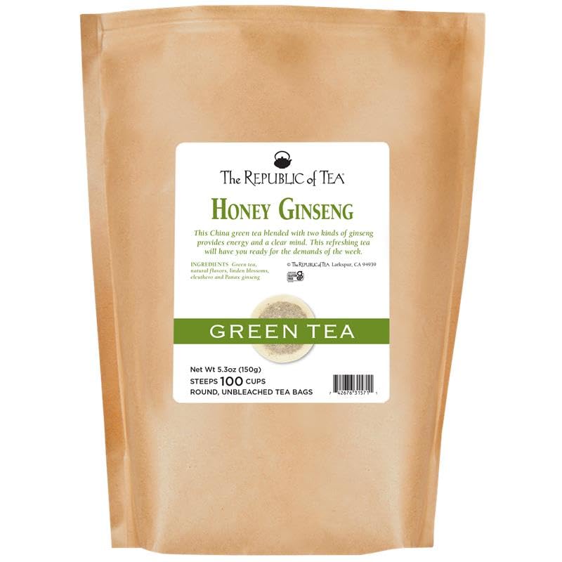 The Republic of Tea honey ginseng green tea bag fuels a gentle energy lift