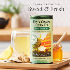 The Republic of Tea honey-ginseng tea pour reveals a warm amber hue.