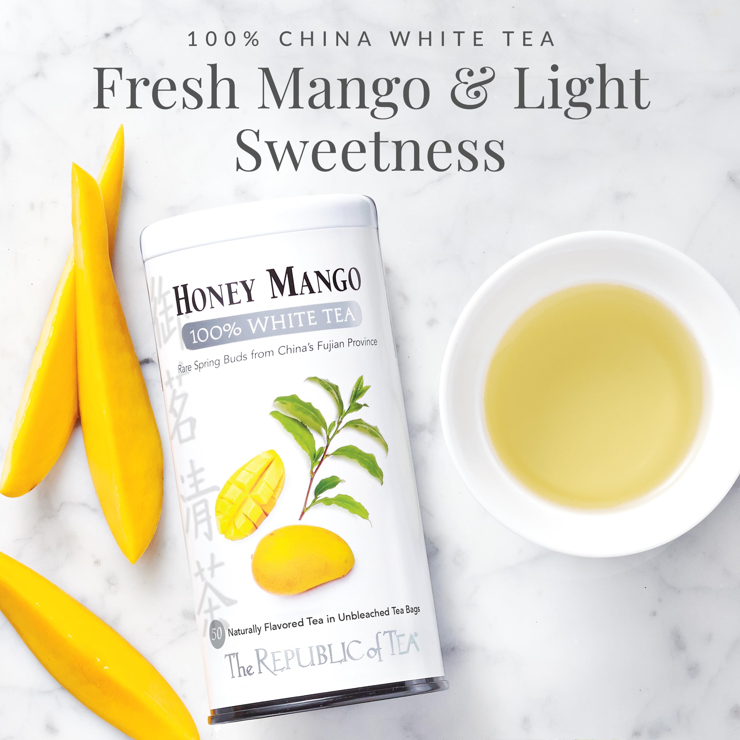 The Republic of Tea Honey Mango box, premium 100% white tea in convenient sachets.