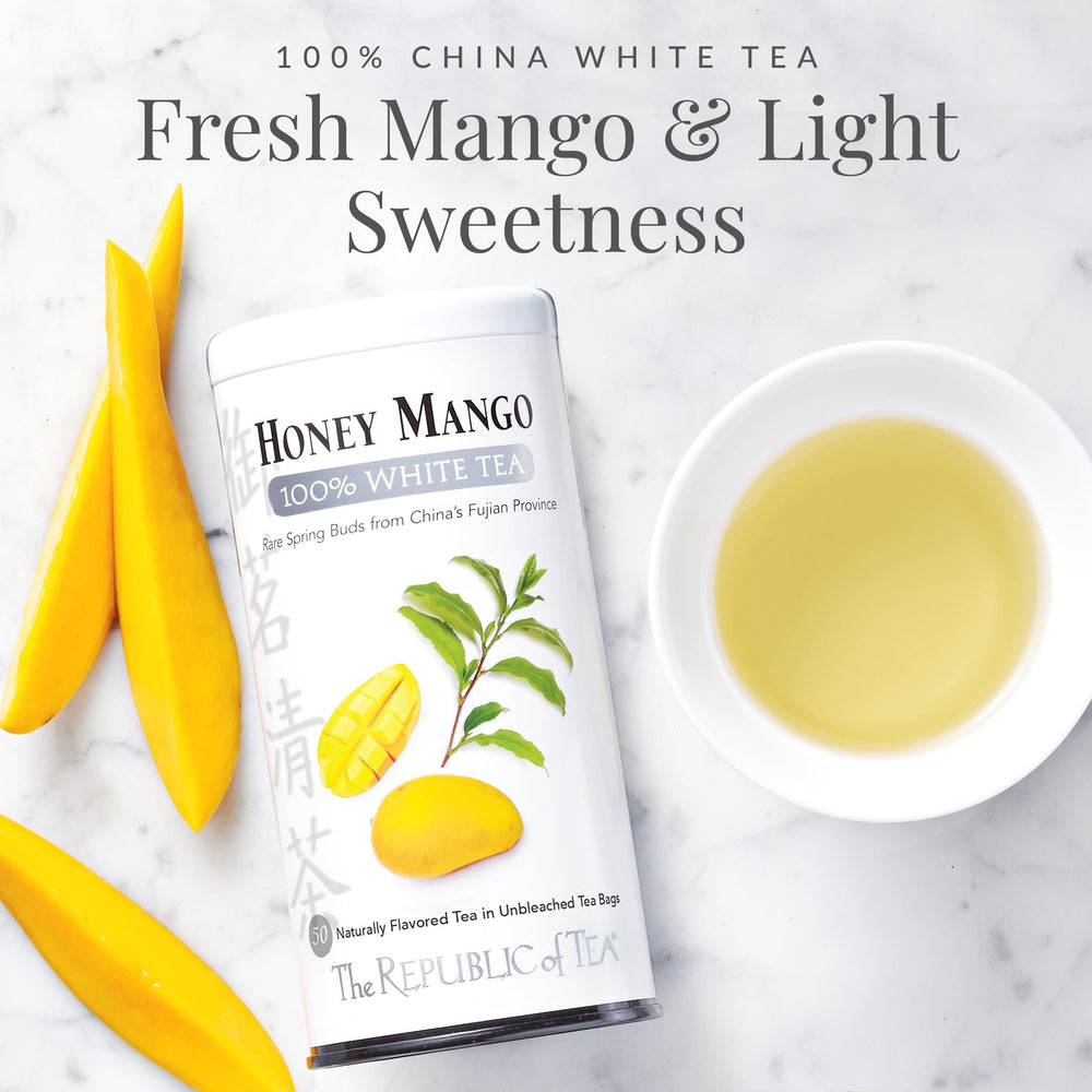 The Republic of Tea Honey Mango box, premium 100% white tea in convenient sachets.