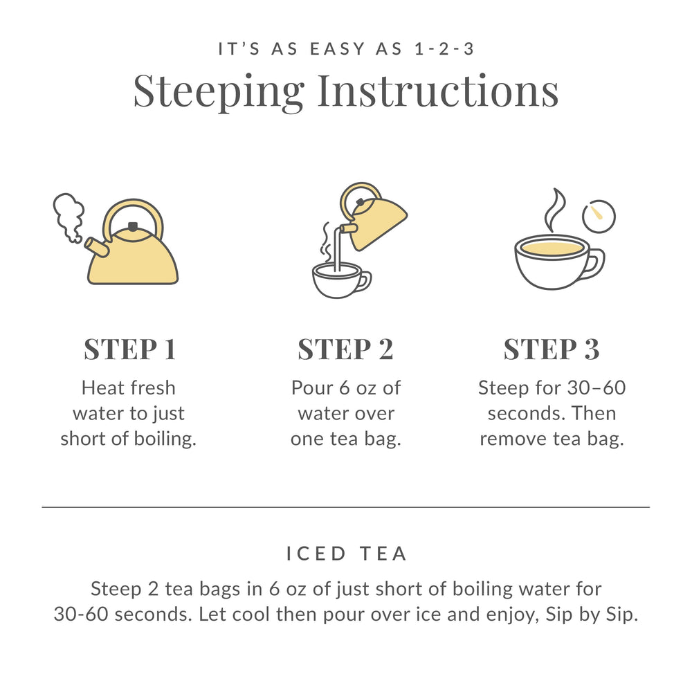 Steaming cup of The Republic of Tea Honey Mango white tea ready to sip hot.