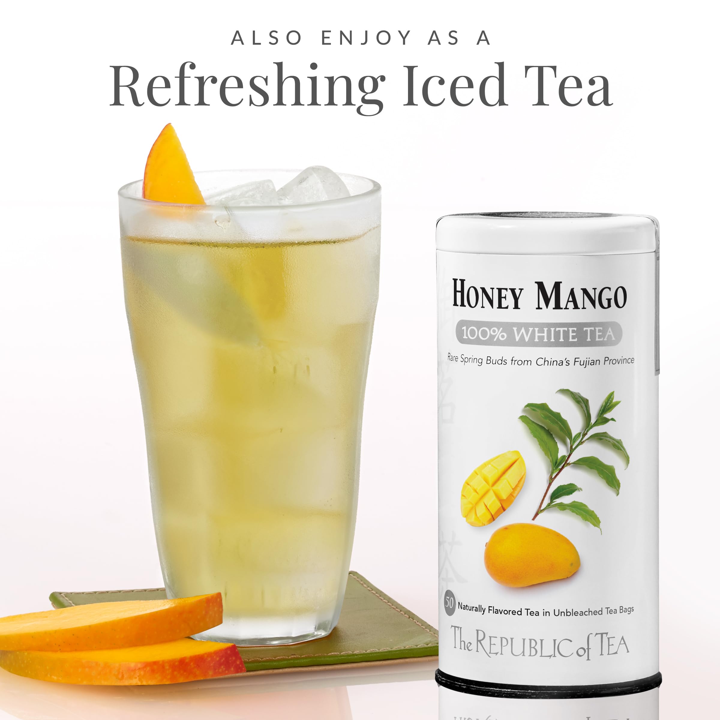 The Republic of Tea Honey Mango iced tea, a refreshing low-caffeine option.
