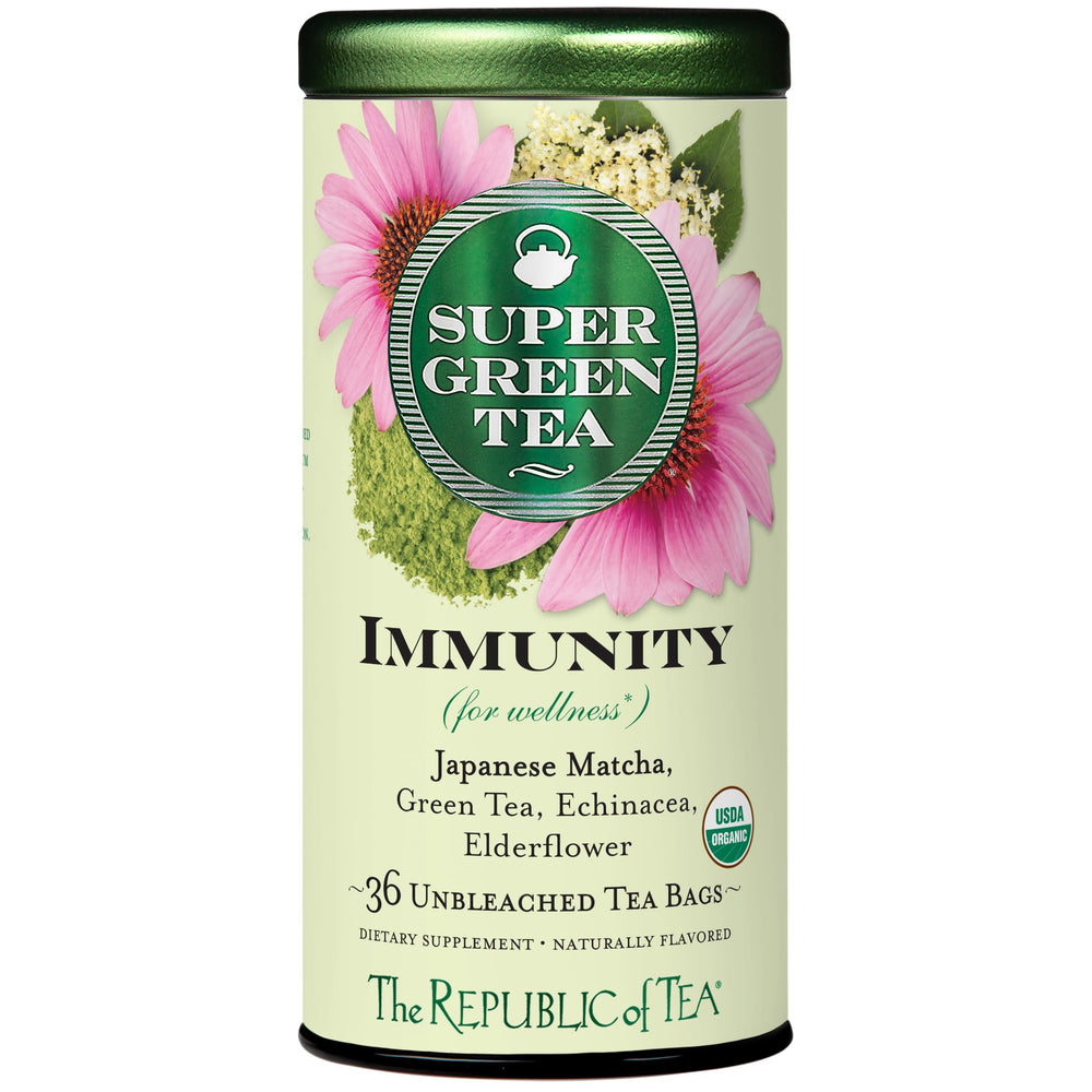 The Republic of Tea Immunity SuperGreen box front, showcasing premium matcha blend for daily wellness.